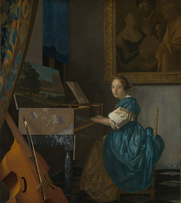 Johannes Vermeer, girl standing at a virginal, national Gallery, London, Semper gallery Dresden