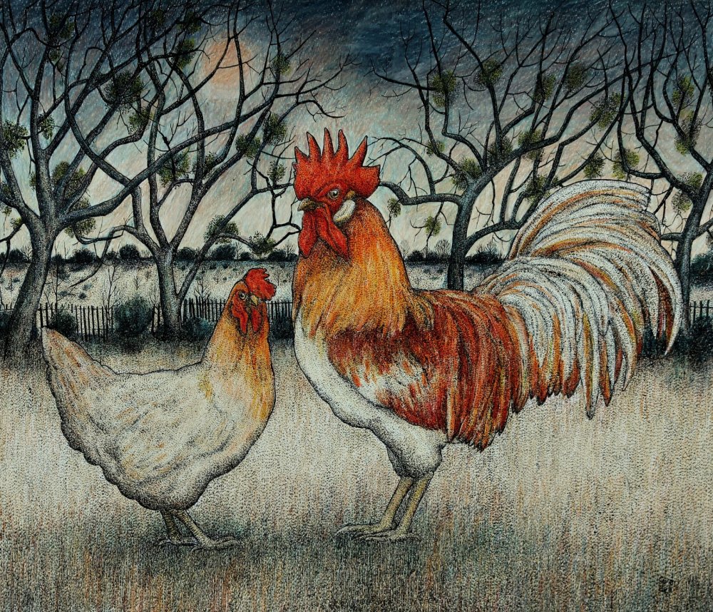 Seren Bell, Orchard Gothic, 2021, mixed media, 48cm x 41cm, Fosse Gallery, Stow on the Wold