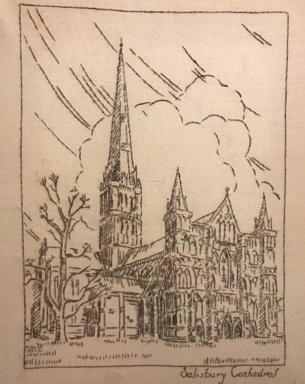Thelma Harris, Salisbury Cathedral, c1954, cotton embroidered on linen, 26cm x 32cm.