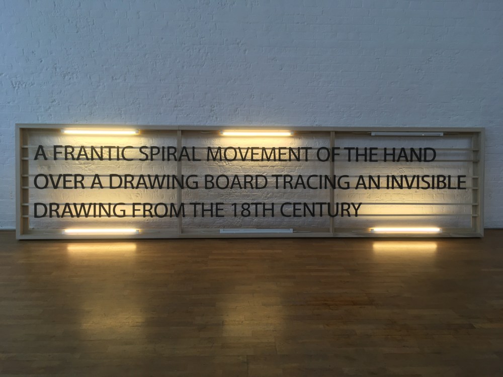 Drawing in the 18th Century (Synopsis), 2021, poplar, black valchomat, fluorescent lights, courtesy of the artist.