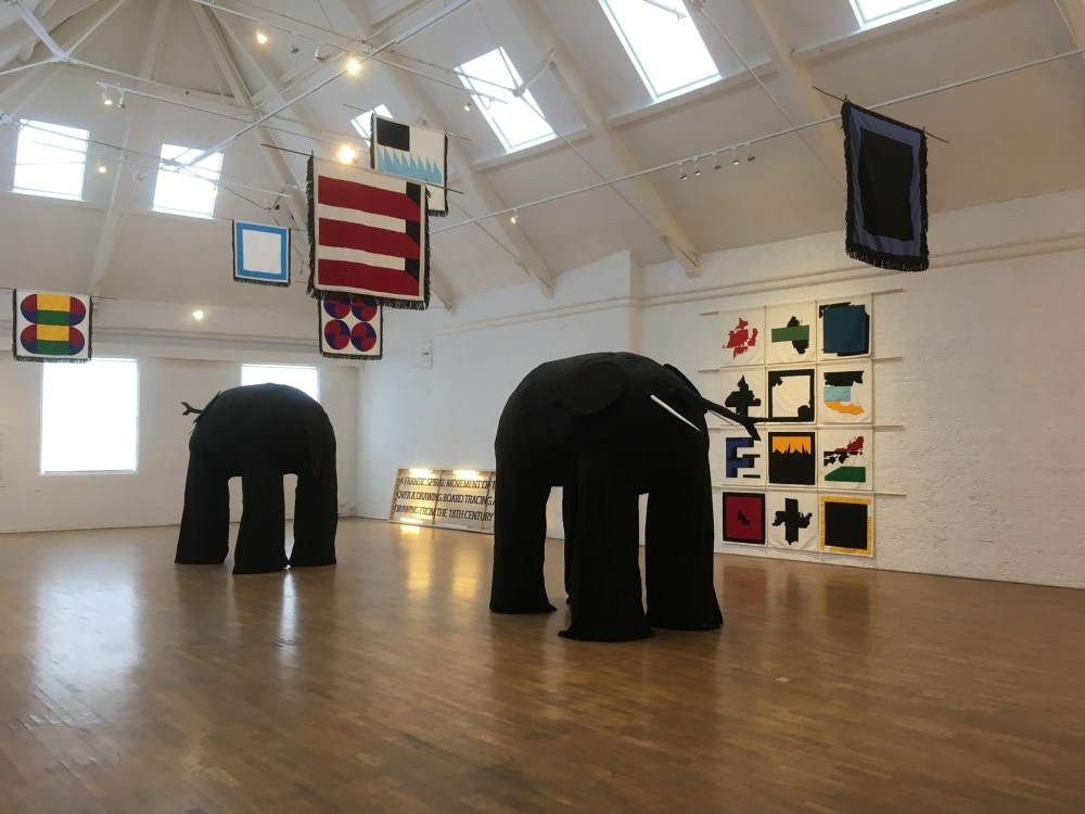 Drawing Elephants, 2021, Oxford University MA gowns, cotton thread, wool, wood and oil paint, courtesy of the artist.