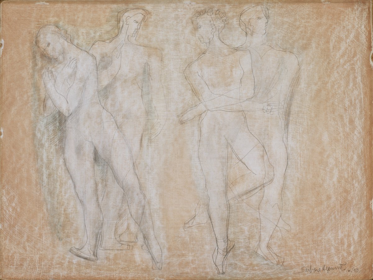 Barbara Hepworth, Ballet (2) Giselle, 1950, oil on board, 37cm x 49.5cm, HM Government Art Collection, Wakefield, Priaulx Rainier, Rhytms of Stones, St Ives