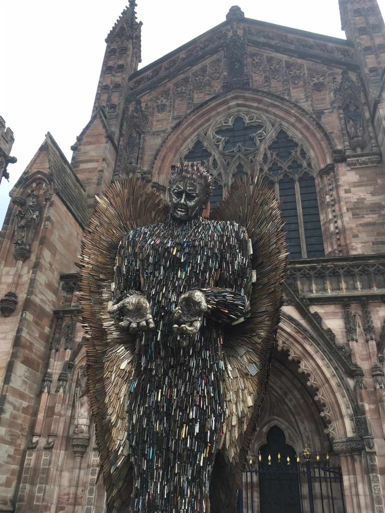 Alfie Bradley, Knife Angel, 2018, 100.000 knifes, pictured at Hereford Cathedral on tour of UK, Hereford, Coventry, knife Amnesty