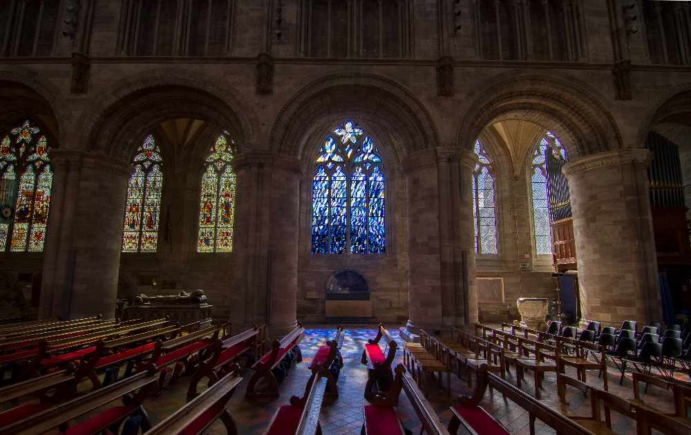 John Maine, Ascension, Sculpture in stone and stained glass, 2016, Hereford Cathedral. SAS, British Army.