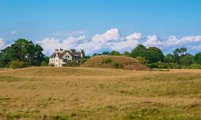 Tranmer House from Royal Burial Ground, Sutton Hoo, Suffolk, © National Trust. Ralph Fiennes, Carey Mulligan, King Rædwald, the dig, Anglo Saxon