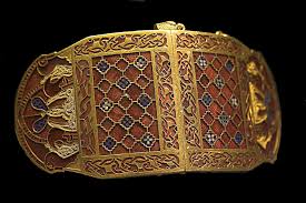 Shoulder clasp, gold, garnets, cloisonné, c 6th century, Sutton Hoo, Suffolk, British Museum.