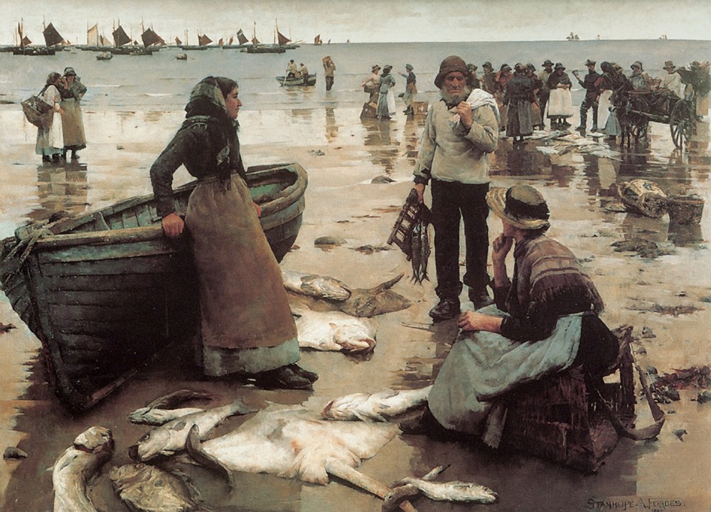 Stanhope Forbes, A Fish sale on a Cornish Beach, 1884-5, oil on canvas, 1500cm x 1200cm, Plymouth City Museum &Art Gallery, Newlyn, social realism.