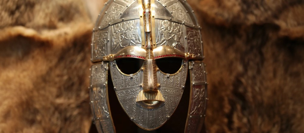 Replica of Warrior Mask, iron, gold garnets, c 6th century, Sutton Hoo, Suffolk.