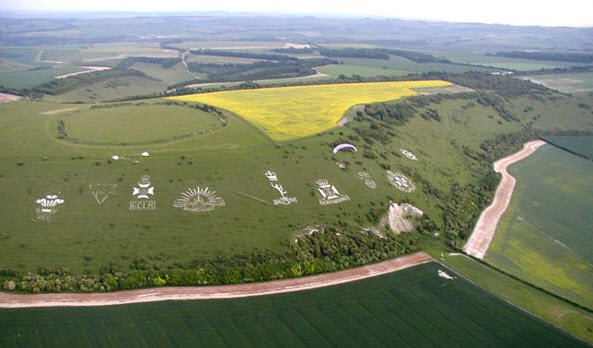 Military Badges carved and scraped into chalk downs, Wiltshire U.K.