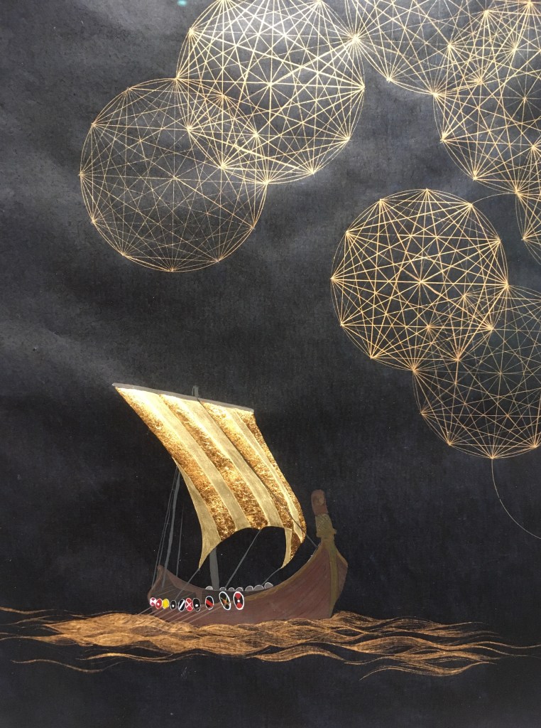 Nazira Bibb, Longing, 2021, she’ll gold and 12ct white gold on indigo dyed wasli paper, Southampton, Islamic art, manifesting the Unseen