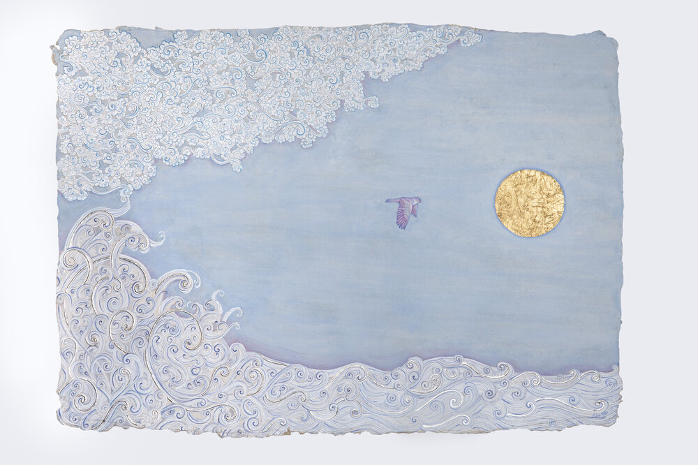 Mobeen Akhtar, Solace, 2020, handmade lapis lazuli and azurite paint, gold and platinum leaf on Indian Wasli paper. Southampton, Manifesting the Unseen, Islamic art.
