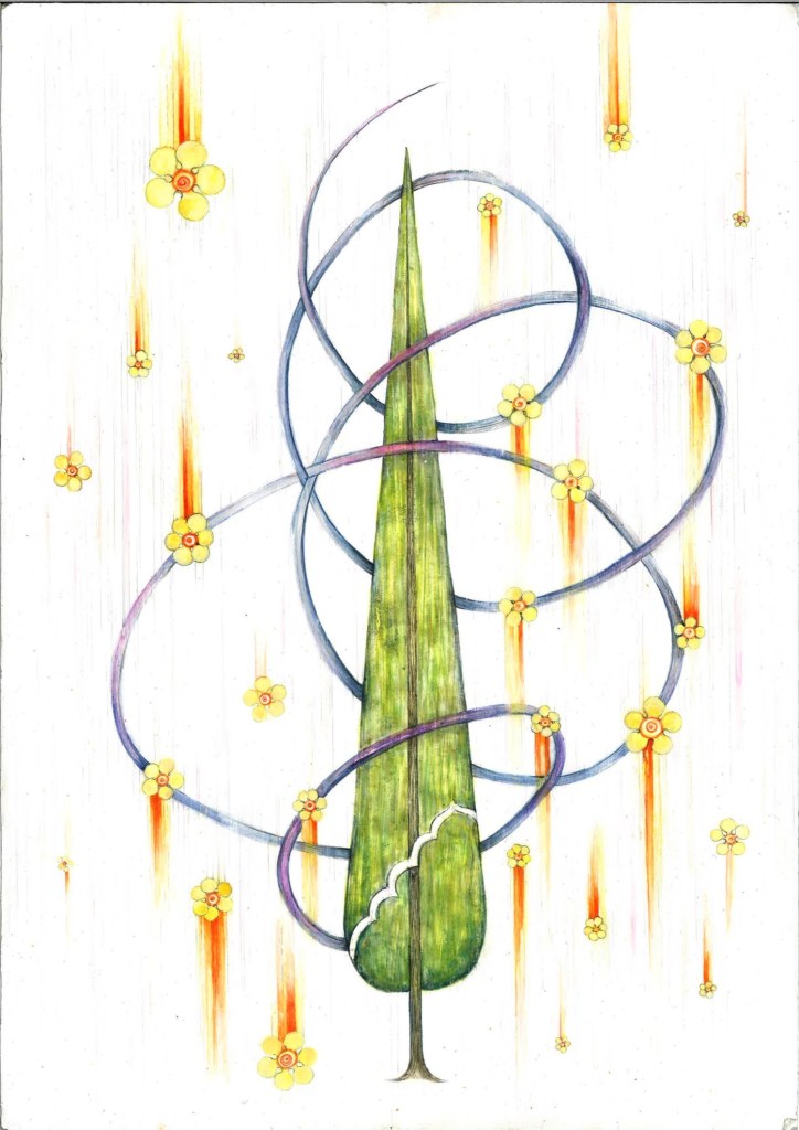 Amber Khokhar, Entwined (Mercy Rain), 2018, mixed media on paper. Southampton Manifesting the Unseen, Islamic art, cypress tress.