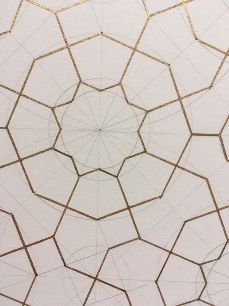 Jeea Mirza, Celestial Navigation I, 2021, she’ll gold,ink and pigment on water colour paper.