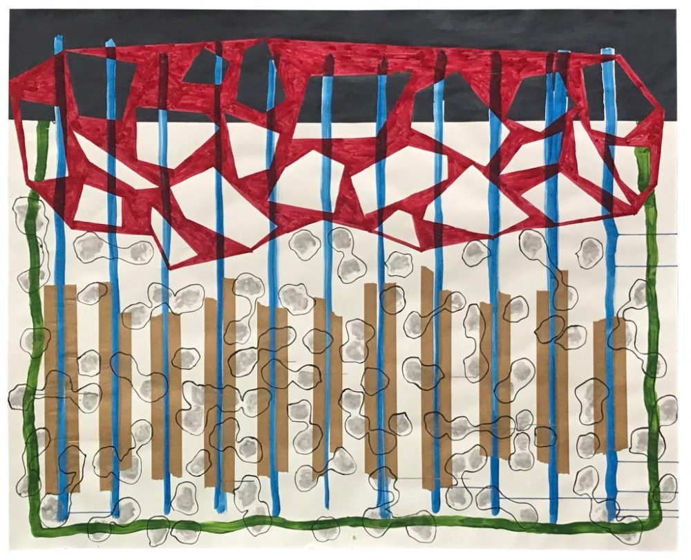 Bill Woodrow and Richard Deacon, I Can’t Stand the Rain, 2019, Paint, collage, ink, paper. 150cm x 185 cm, Ikon Gallery, Birmingham.