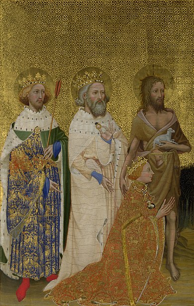The Wilton Diptych; c. 1395–1399; each panel is 53 x 37 cm, left-hand panel, National Gallery, London.