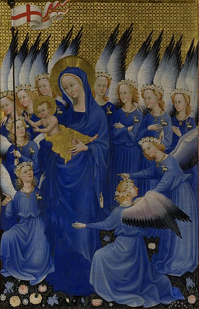 The Wilton Diptych; c. 1395–1399; each panel is 53 x 37 cm, right-hand panel, National Gallery, London.