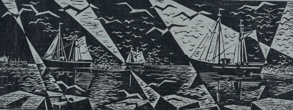 Lydia Breed, I Saw Three Ships, 1967, woodcut, 20cm x 44cm. (Digital image, Boston Public Library)