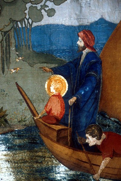 Joseph and the boy Jesus sail up the Brue River to Glastonbury, tapestry, Pilton Parish Church.