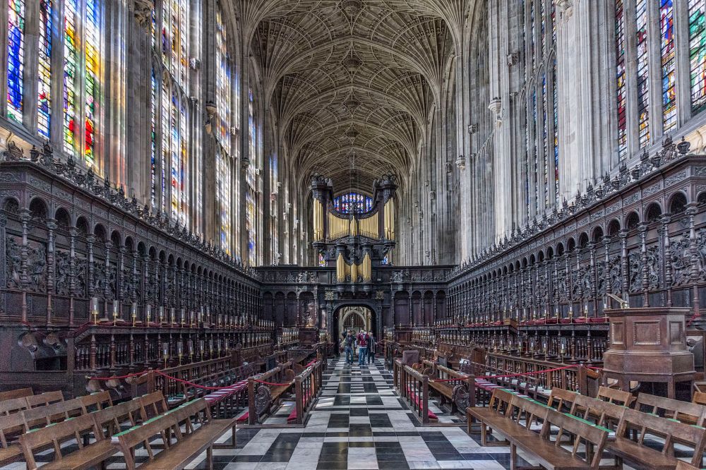 King’s College, Cambridge, (1446-1531). English Perpendicular style, Internal view looking west showing carved wooden choir.