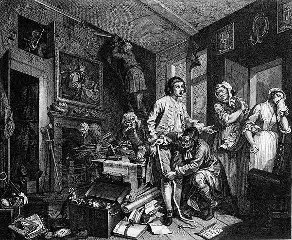 William Hogarth, The Heir (from the Rake’s Progress) engraving, 1734 (original painting in Sir John Sloane Museum, London)
