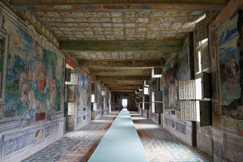 The Renaissance Gallery with Murals depicting the Aeneid, The Assembly of the Gods (left), Château D’Oiron, France