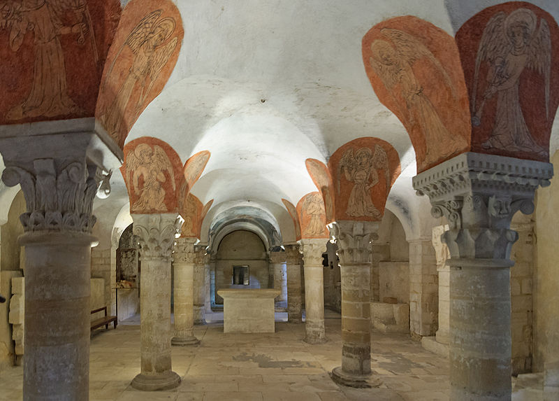 Angel choir painted above the columns, 16th century, Crypt of Bayeux Cathedral, France.