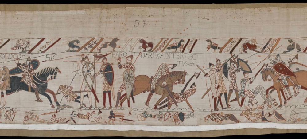 Harold is struck by the fateful arrow and cut down by the Norman troops, Bayeux Tapestry, 11th century wool on linen.