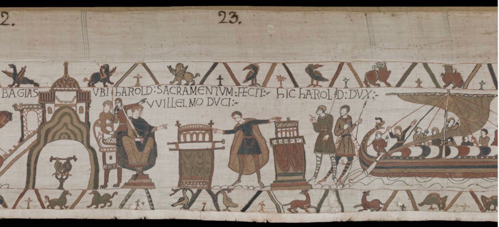 Harold swears an oath of allegiance to Duke William in Bayeux. Bayeux Tapestry, 11th century, wool on linen.