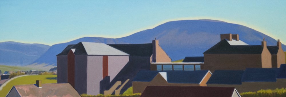 Alex Lowery, Orkney 1, 2021, 35 cm x 100cm, oil on canvas, on display at Sladers Yard, West Bay, Dorset.