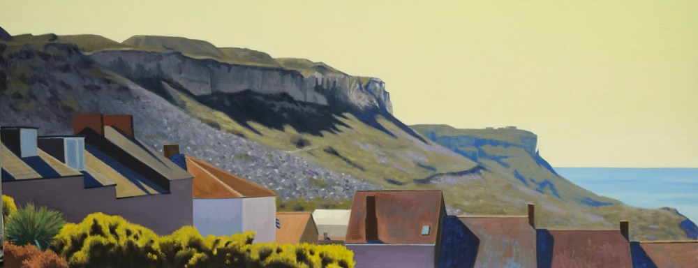 Alex Lowery, Portland, 2021, 55cm x 140cm, oil on canvas, on display at Sladers Yard, West Bay, Dorset.