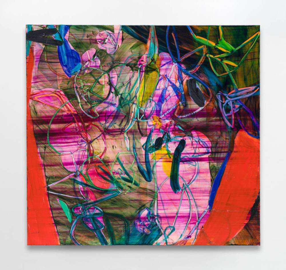 Jadé Fadojutimi, Woven Futures, 2022, 170cm x 180cm, acrylic, oil and oil pastel on canvas, The Hepworth Wakefield