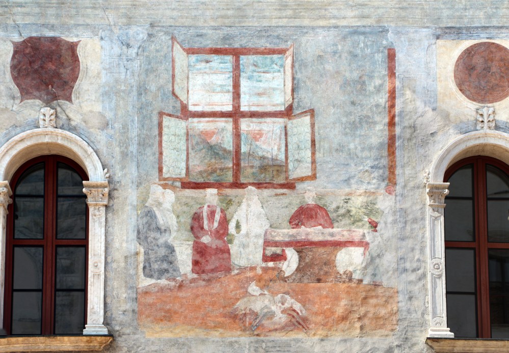 Fresco on facade of the Palazzo Geremia with Maximilian I visiting the city, Trento, Italy, 15th Century, restored 1988-93.