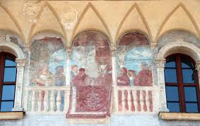 Fresco on facade of the Palazzo Geremia depicting carpet from Konya, Turkey, Trento, Italy, 15th Century, restored 1988-93.