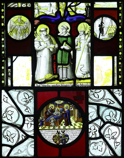 The East Window at St Andrews Church, Trent, Dorset, C16 / C17 stained glass (detail).