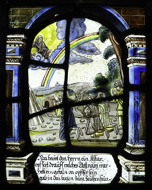 The East Window at St Andrews Church, Trent, Dorset, C16 / C17 stained glass (detail).