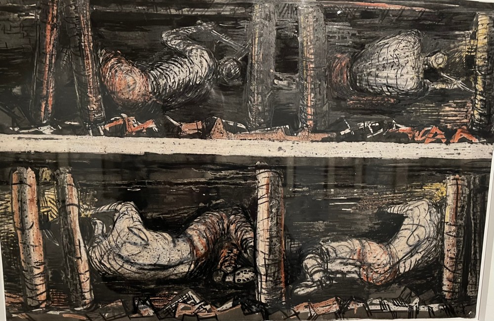 Henry Moore, Four Studies of Miners at the Coal Face, 1942, pencil wax and coloured crayons, watercolour wash, pen and ink on paper, The Henry Moore Foundation.