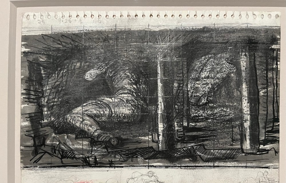 Henry Moore, Study For ‘Coalminers at Work’, 1942, pencil wax and coloured crayons, watercolour wash, pen and ink on paper, The Henry Moore Foundation, on display at St Albans Art Gallery.