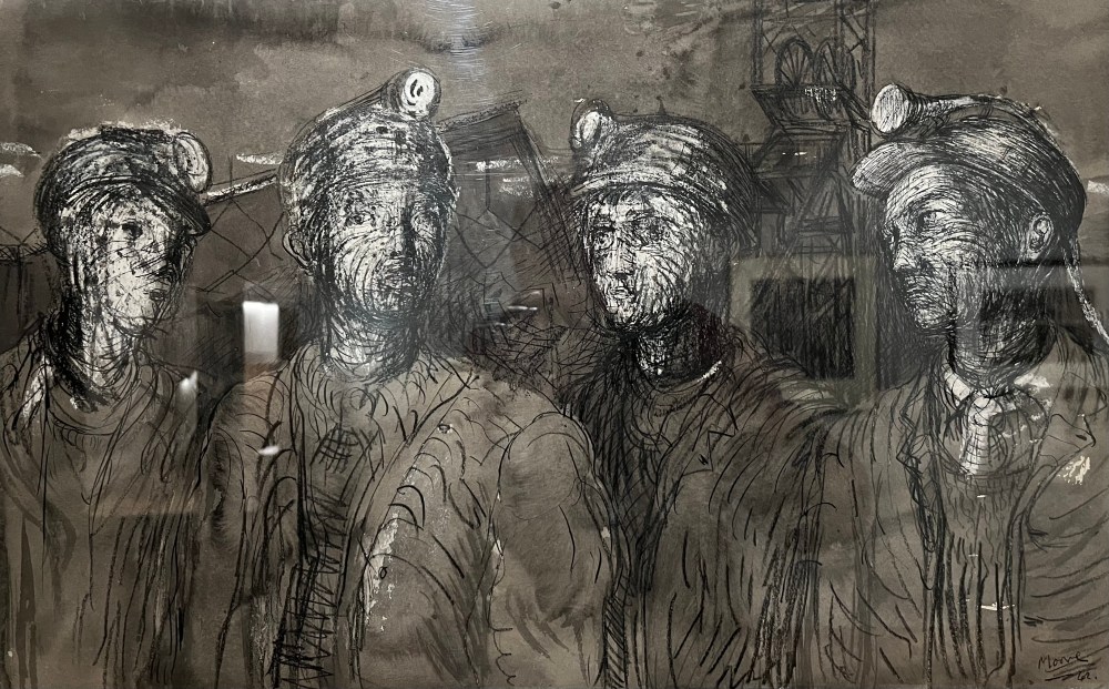 Henry Moore, Pit Boys at Pithead, 1942, pencil wax and coloured crayons, watercolour wash, pen and ink on paper, Wakefield Permanent Art Collection, on display at St Albans Art Gallery.