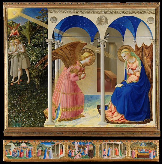 Fra. Angelico, The Annunciation, 1425-28, egg tempera and gold leaf, 154cm x 194cm, Museo del Prado, Madrid.
