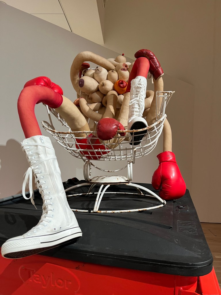 Sarah Lucas, Good Thoughts - Bad Thoughts, 2023, clothes, acrylic paint, chair, bin, the artists collection.