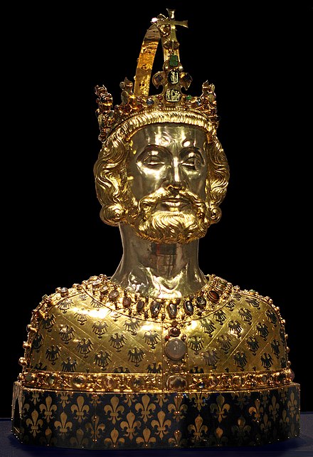 The Bust of Charlemagne, gold and enamel, 1355, The Treasury, Aachen, Germany.