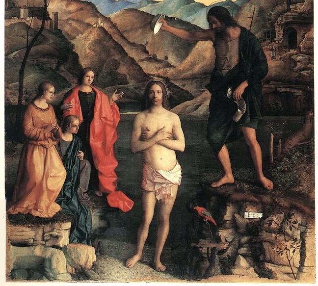 Giovanni Bellini, The Baptism of Christ (detail), c1500, tempera on board, 400cm x 263cm, the Church of Santa Corona, Vicenza, Italy.