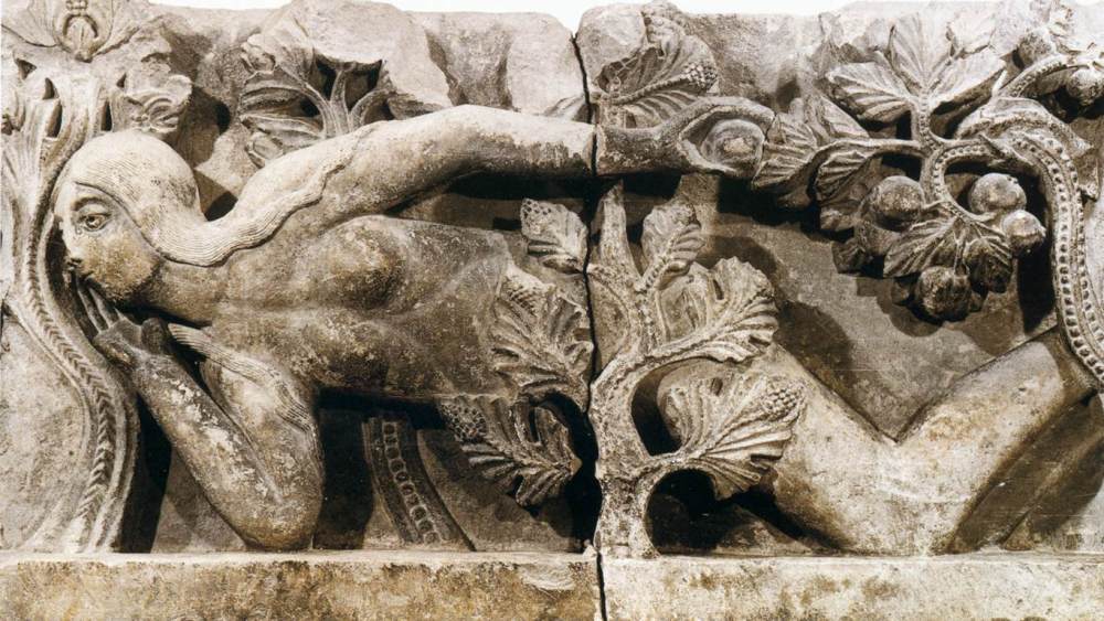 Autun Cathedral, Carving of Temptation of Eve, by Gislebertus, now in Rolin Musée, Autun.