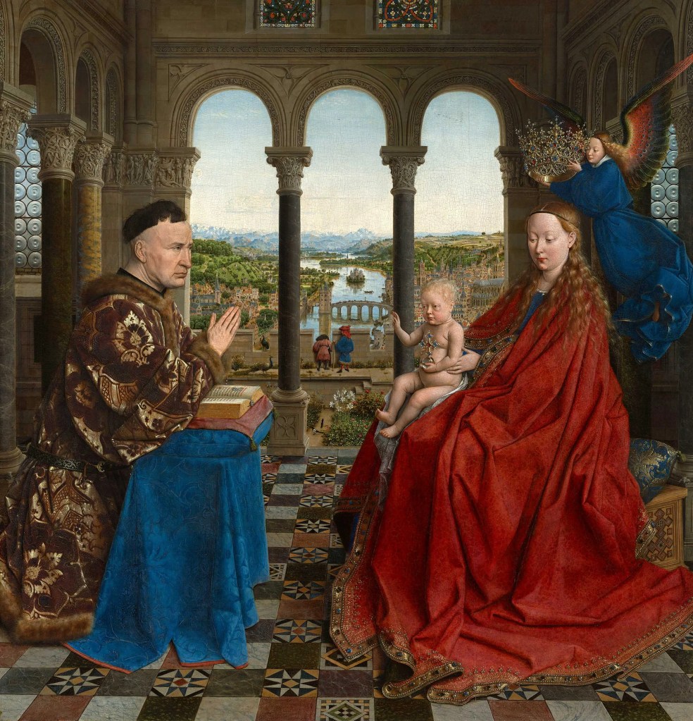 Jan Van Eyck, The Virgin with Chancellor Rolin, 1435, oil on canvas, 66cm x 62cm, The Louvre, Paris (Formerly in Autun Cathedral)