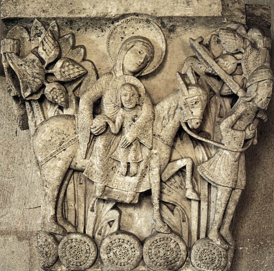 Autun Cathedral, Capital Carving of Flight to Egypt, by Gislebertus.