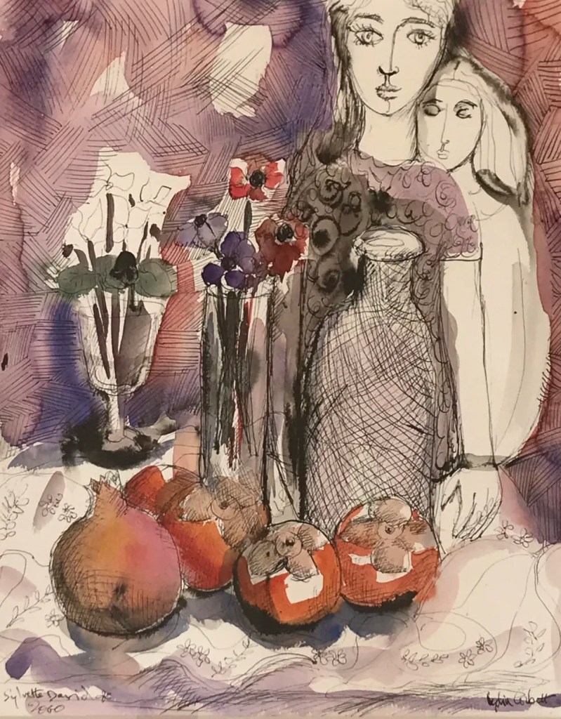 Lydia Corbett, Young Woman with Persimmon Still Life, water colour and Indian ink on paper, 45 cm x 35cm.