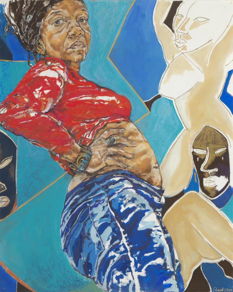 Claudette Johnson MBE, Standing Figure with African Masks, 2018, pastel and gouache on paper, 163cm x 132cm, The Tate Collection.