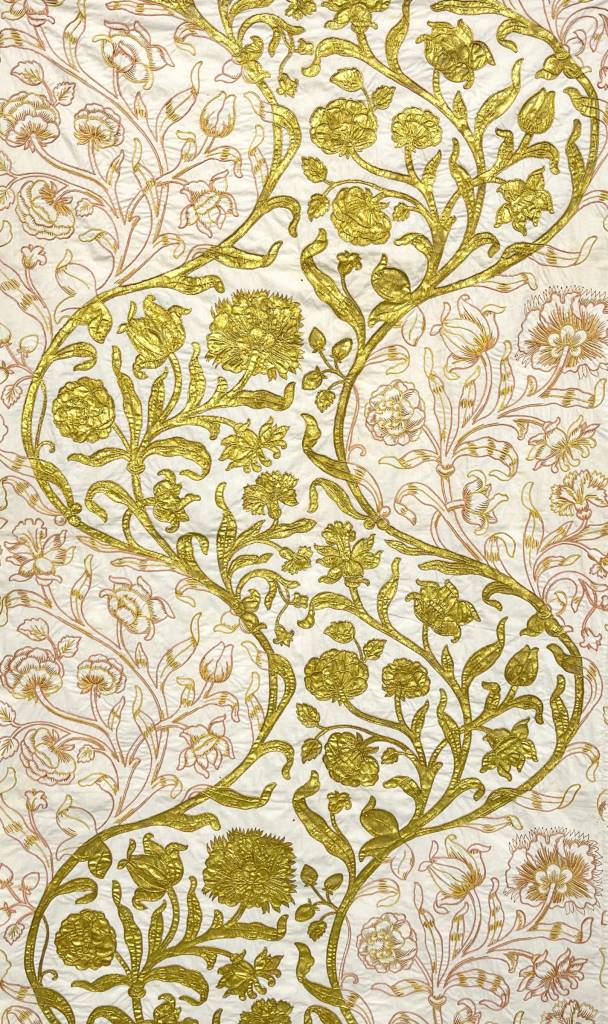 Toni Davey, Liberty, gold ink on embroidered Liberty print, 160cm x 90cm, 2022. Somerton Arts Centre.