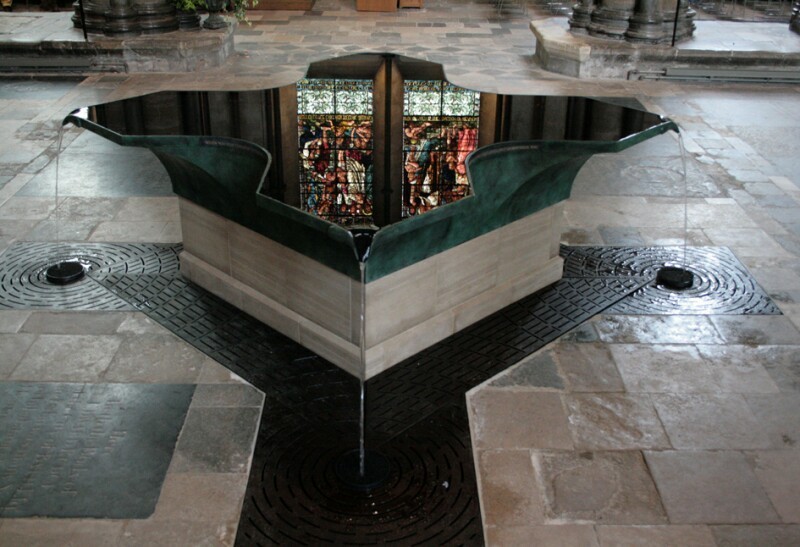 William Pyle, Baptismal Font, 2008, bronze, steel and Purbeck stone, Salisbury Cathedral.