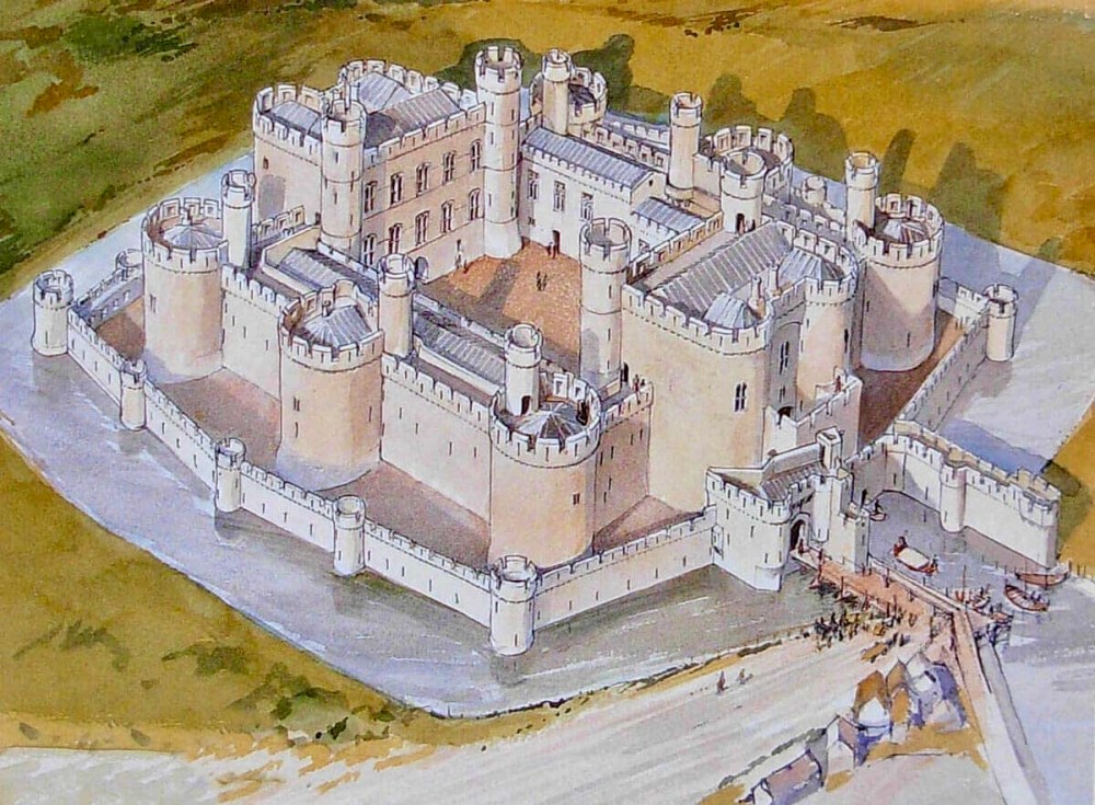 Artist impression of completed works, Beaumaris Castle, 1295-1306, Anglesey, Wales.